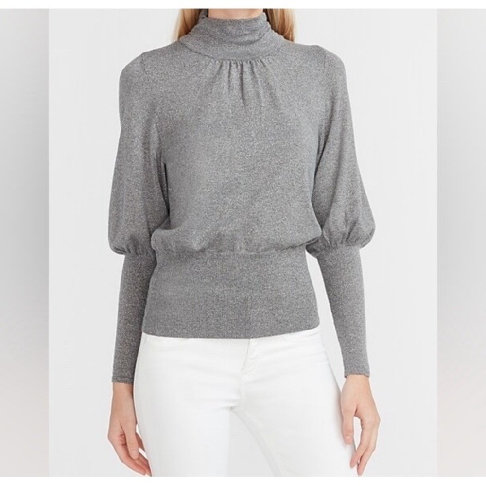 EXPRESS Womens Metallic Sparkle Turtleneck Top Puff Sleeve Sweater L
